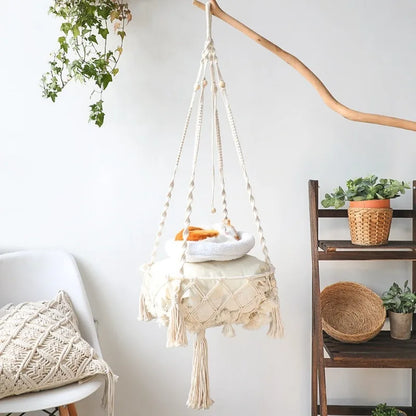 Hand-Woven Cotton Rope Winter Pet Hammock for Cats - Indoor Hanging Basket and Den