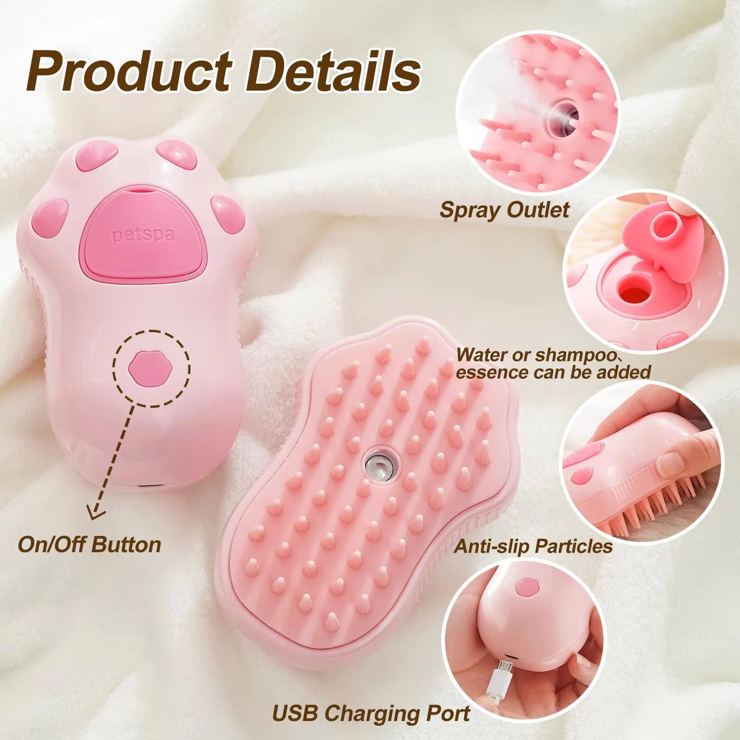 3-in-1 Electric Pet Grooming Brush with Steam and Spray for Cats and Dogs - Hair Removal and Massage Comb