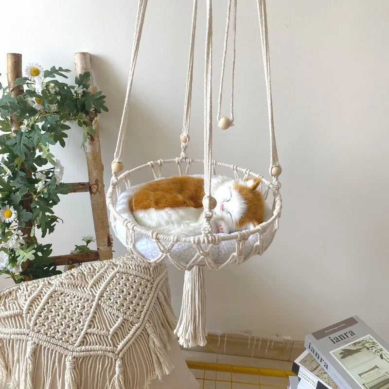 Hand-Woven Cotton Rope Winter Pet Hammock for Cats - Indoor Hanging Basket and Den