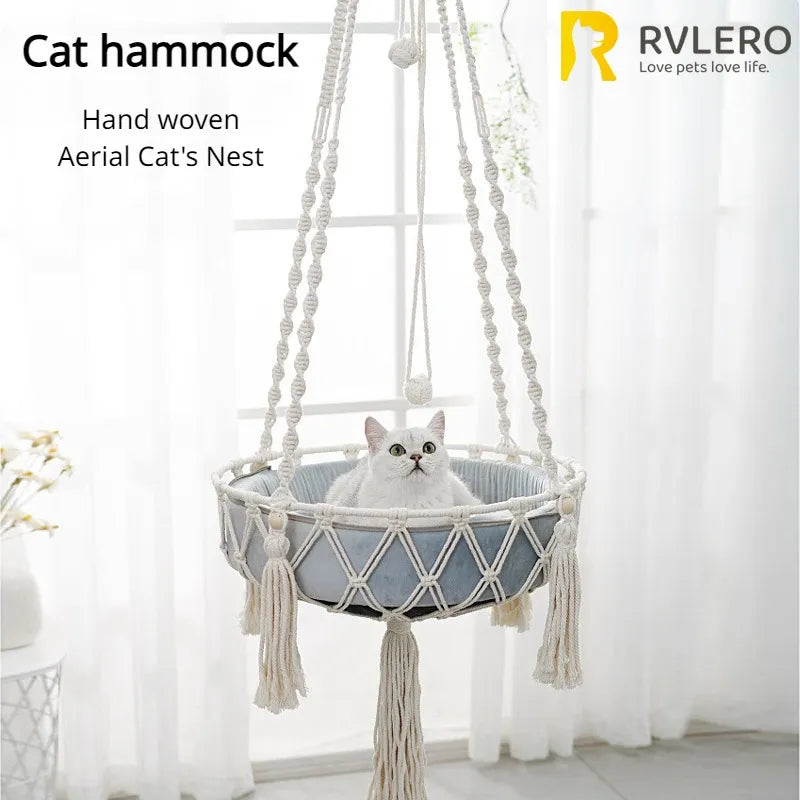 Hand-Woven Cotton Rope Winter Pet Hammock for Cats - Indoor Hanging Basket and Den