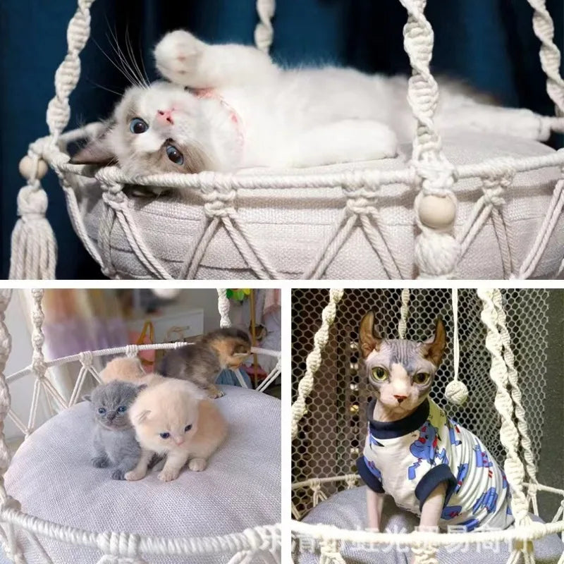 Hand-Woven Cotton Rope Winter Pet Hammock for Cats - Indoor Hanging Basket and Den