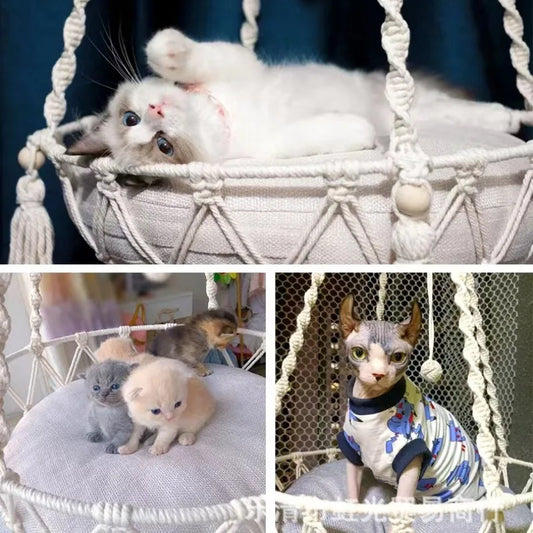Hand-Woven Cotton Rope Winter Pet Hammock for Cats - Indoor Hanging Basket and Den