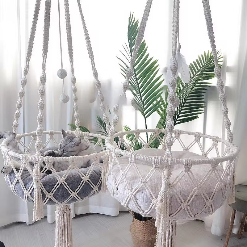Hand-Woven Cotton Rope Winter Pet Hammock for Cats - Indoor Hanging Basket and Den