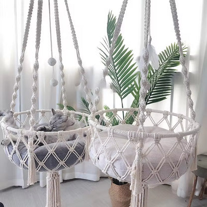 Hand-Woven Cotton Rope Winter Pet Hammock for Cats - Indoor Hanging Basket and Den